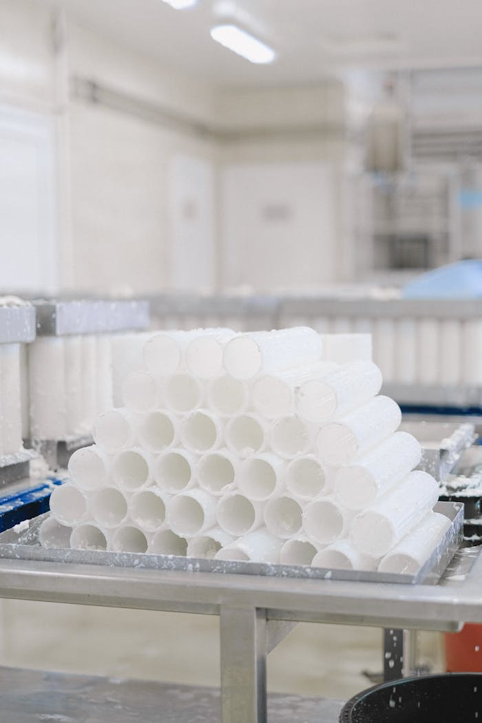 Vertical shot of neatly stacked white plastic tubes in an industrial manufacturing plant.